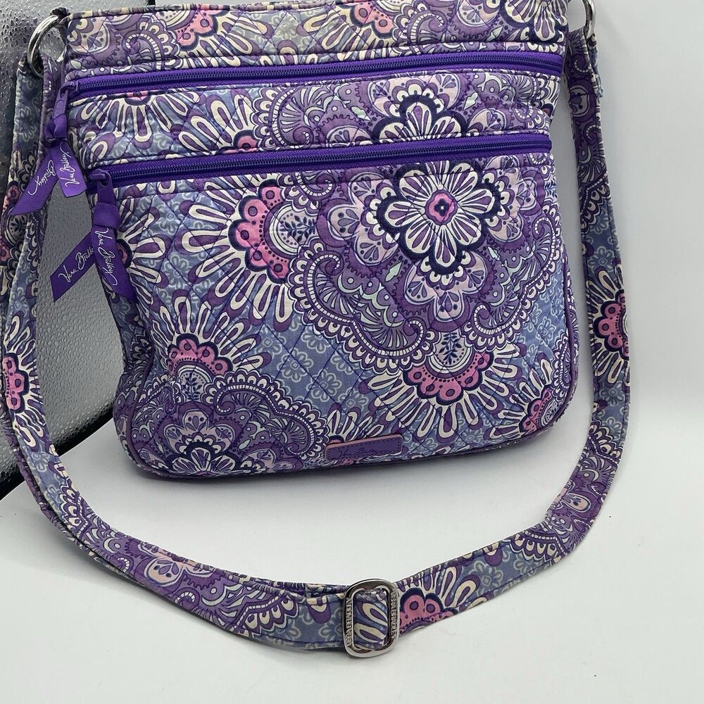 Vera Bradley Purple Paisley Quilted Crossbody Shoulder Bag Multi Pocket Purse